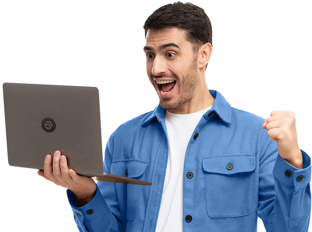 excited sucessful modern business man holding laptop