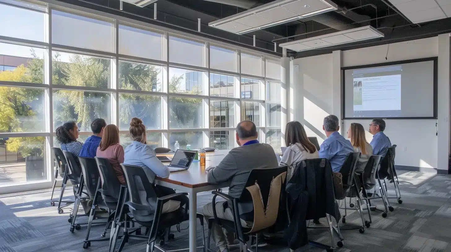 a dynamic conference room setting showcases professionals engaged in a collaborative discussion, illuminated by natural light filtering through large windows, as they evaluate wordpress care plans and build strong partnerships with white label providers.