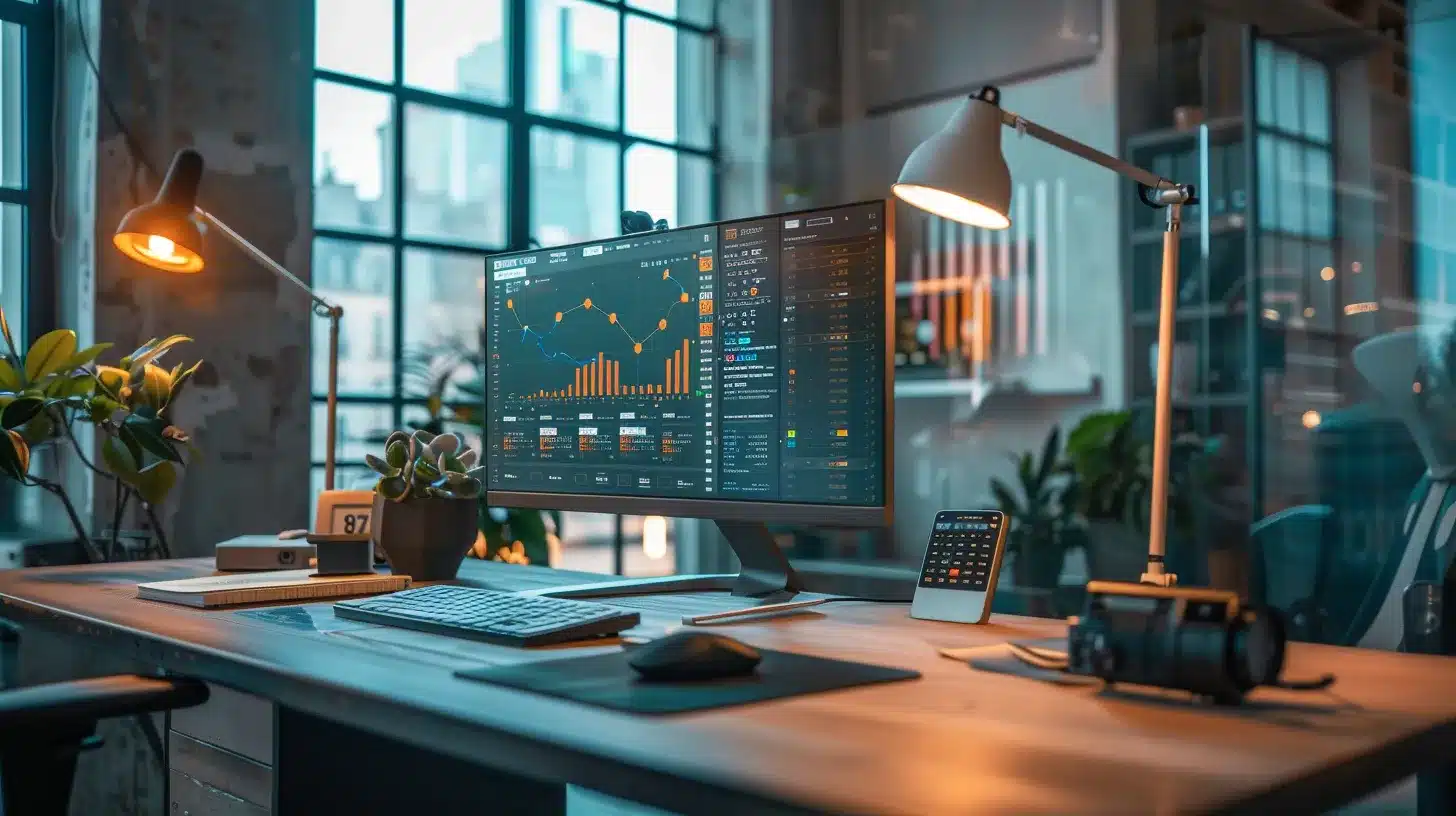 a dynamic, modern office environment showcases a sleek computer screen displaying a vibrant wordpress dashboard, illuminated by natural light streaming through large windows, symbolizing the vitality and efficiency of a comprehensive website care plan.