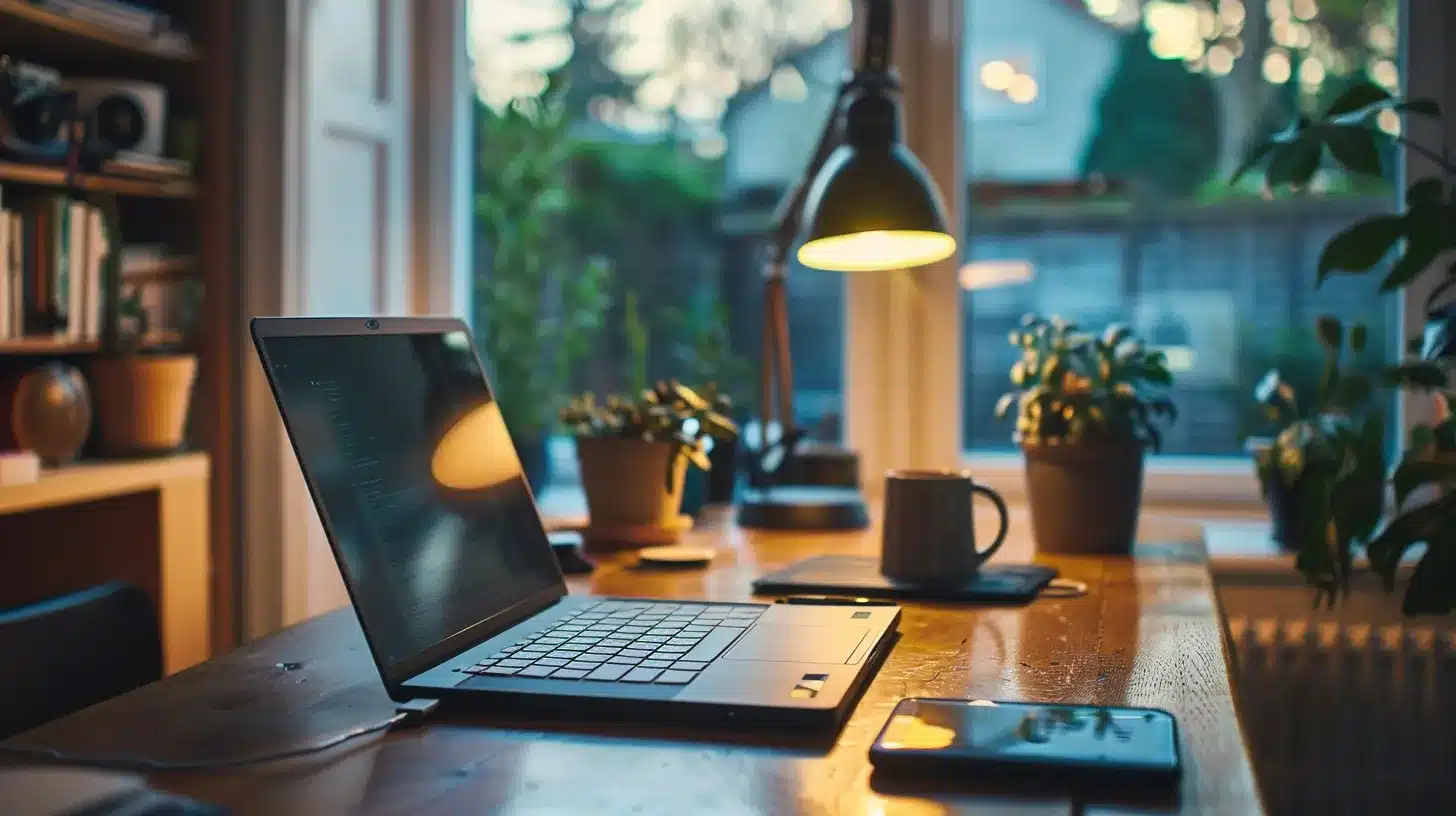 a serene, well-organized workspace featuring a sleek laptop on a polished wooden desk, illuminated by soft natural light, symbolizing the importance of wordpress maintenance for achieving a harmonious online presence.