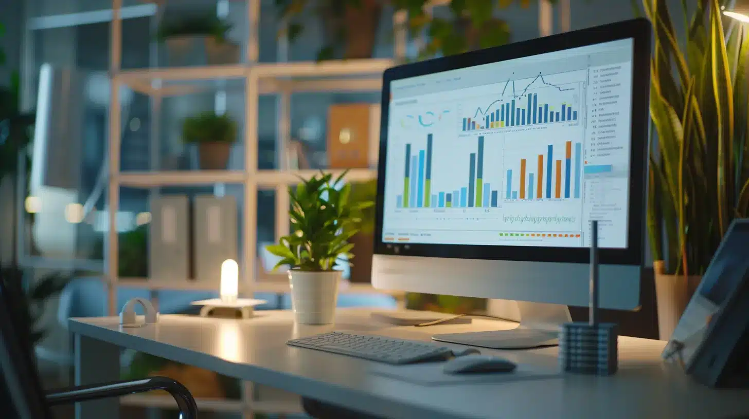 a sleek, modern office workspace illuminated by soft natural light, showcasing a high-tech computer monitor displaying comprehensive care plan analytics, with vibrant graphs and clear insights fostering a sense of collaboration and efficiency.