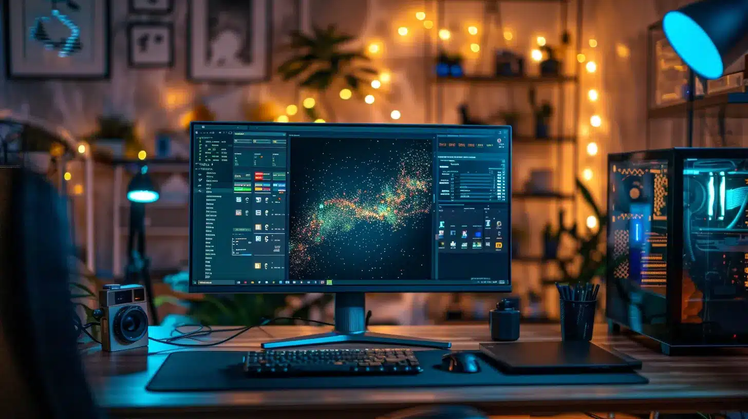 a sleek, modern workstation featuring a vibrant computer screen displaying a dynamic wordpress dashboard, illuminated by soft ambient lighting that enhances a sense of digital professionalism and creativity.