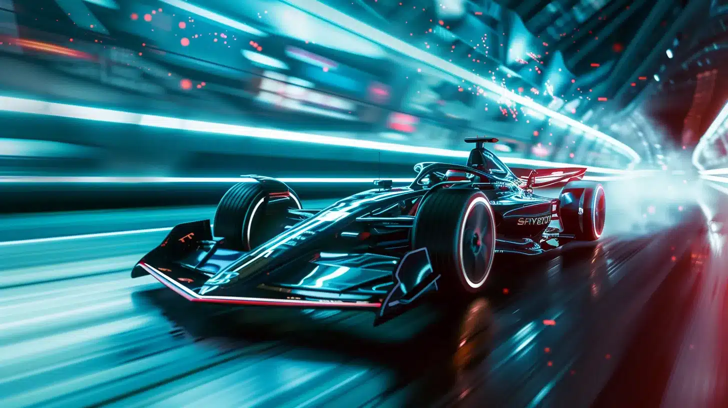 a vibrant digital landscape featuring a sleek, fast-moving race car symbolizing speed, navigating through a high-tech city with glowing elements that represent optimized website performance and streamlined efficiency.