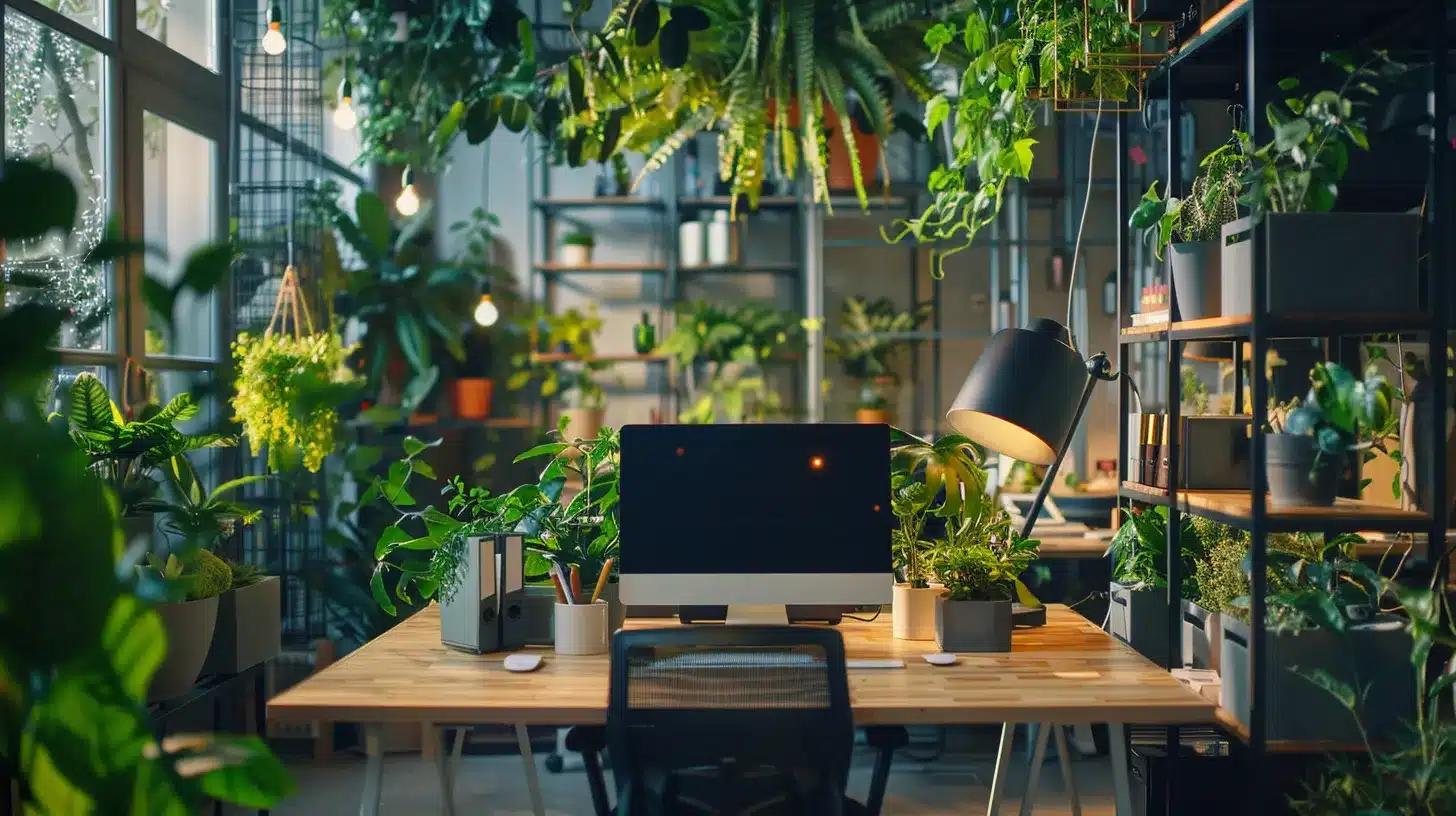 a vibrant workspace filled with modern technology and greenery, illustrating a seamless blend of innovation and care in a digital maintenance plan.