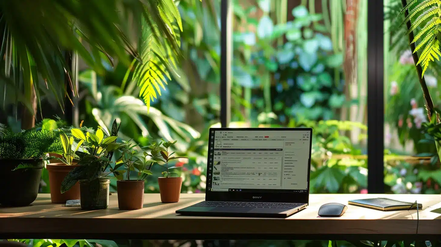 a vibrant workspace filled with modern technology, showcasing a sleek laptop open to a wordpress dashboard, surrounded by lush greenery, symbolizing thriving digital care and growth in website management.