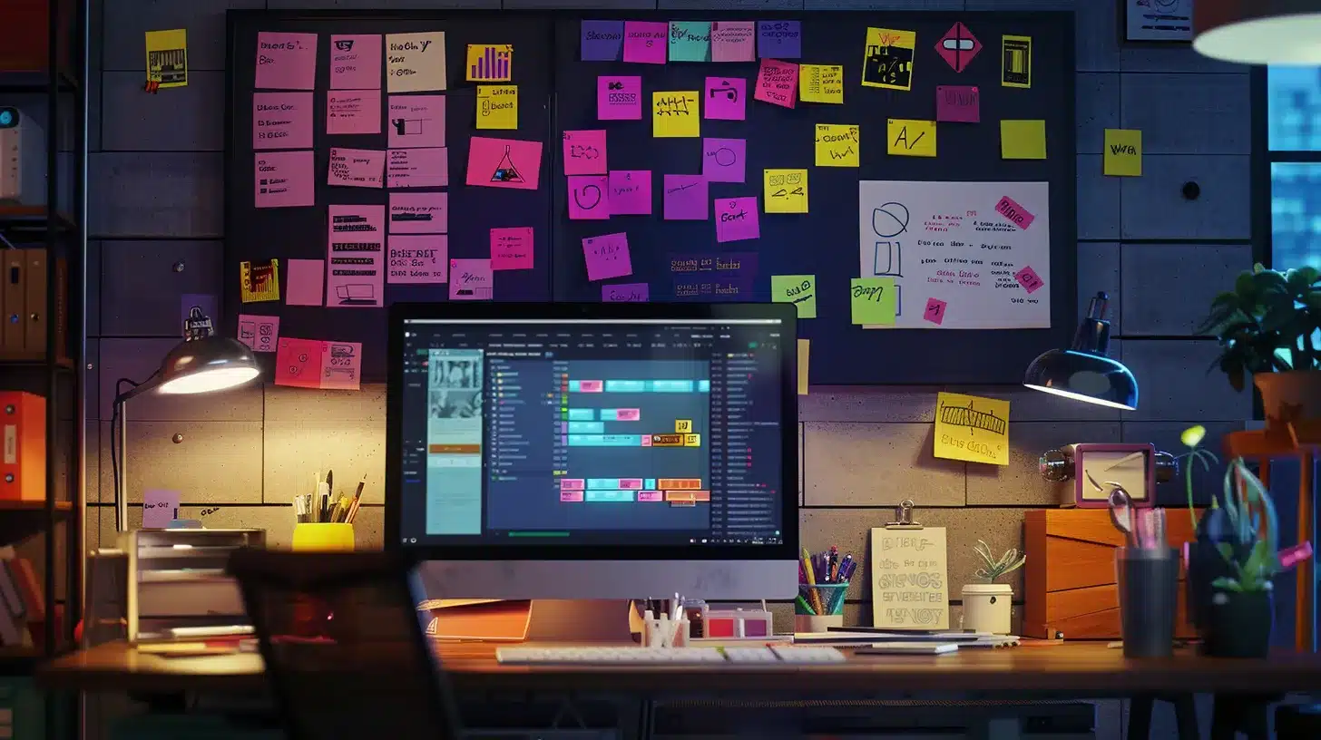 a vibrant workspace showcases a computer screen displaying a meticulously designed wordpress care plan, surrounded by organizational tools and colorful notes that emphasize customization and strategic planning.