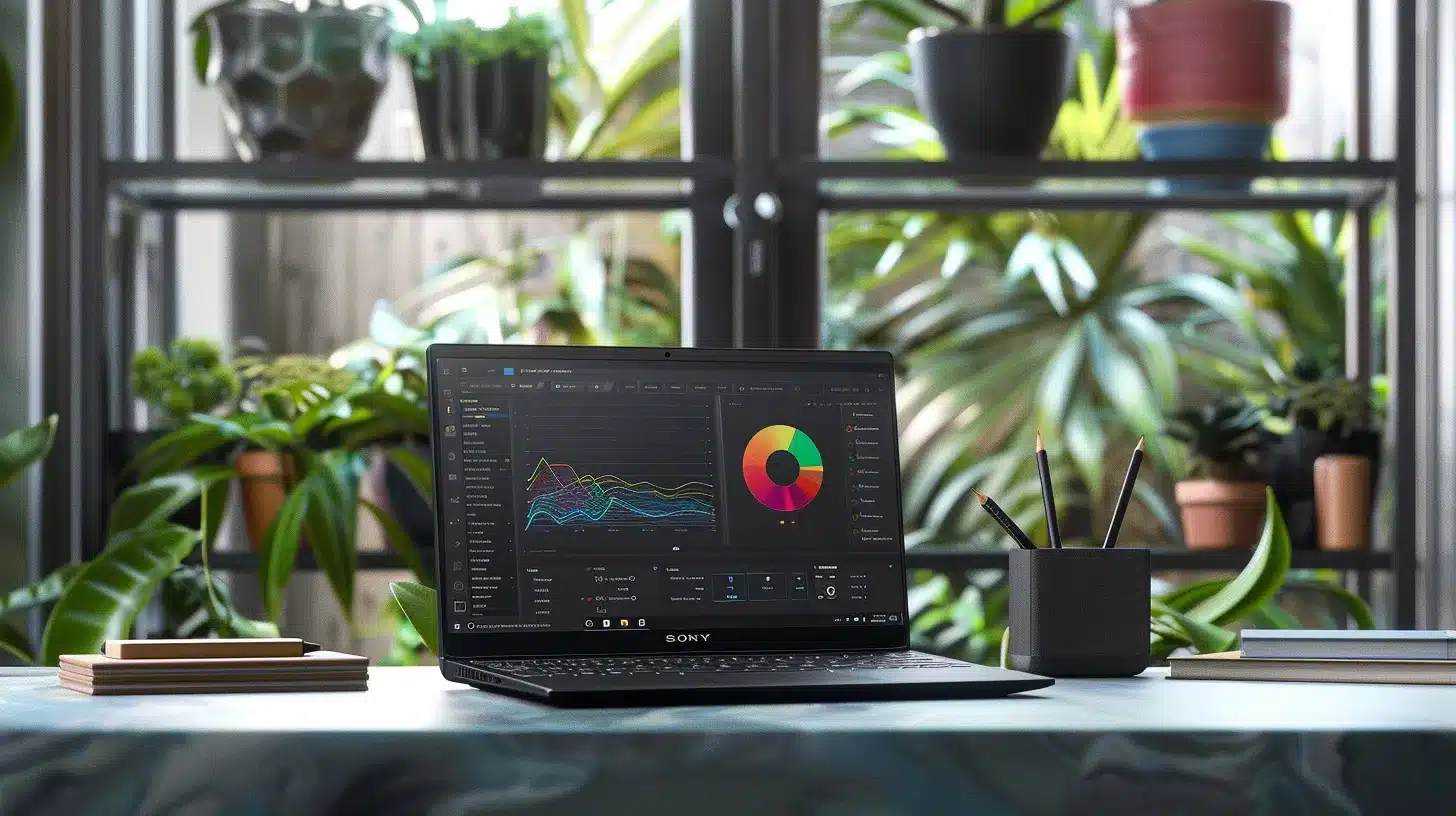 a visually engaging workspace featuring a sleek laptop displaying a wordpress dashboard, surrounded by vibrant plants and organized stationery, symbolizing effective website management and care planning.