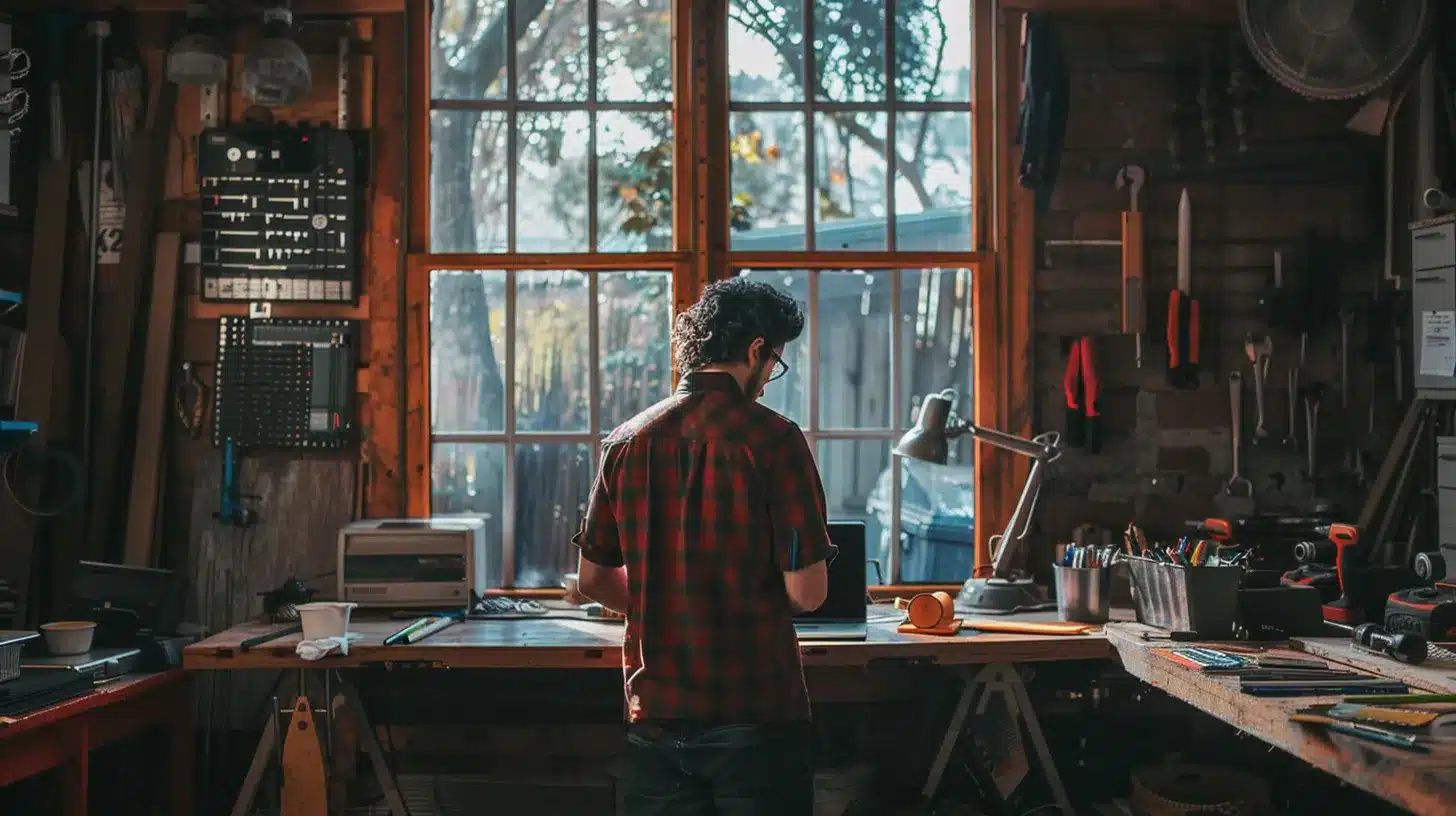 a contemplative individual stands before a laptop, surrounded by contrasting visuals of diy tools and a professional’s toolkit, deep in thought about optimizing website speed for their business.