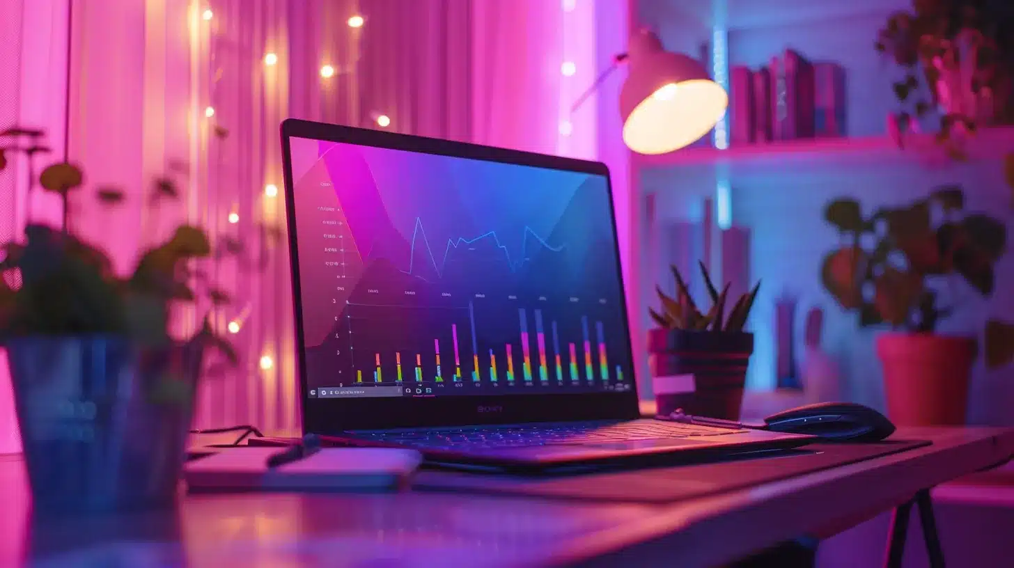 a dynamic workspace featuring a sleek laptop displaying colorful graphs and metrics, illuminated by soft, ambient lighting, symbolizing the intricate examination of diy speed optimization for web pages.