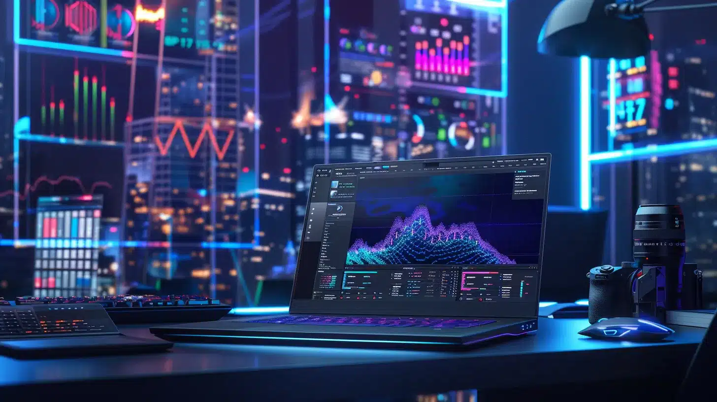 a dynamic workspace featuring a sleek laptop surrounded by diy optimization tools and vibrant graphs, illustrating the contrast between hands-on website speed enhancement and the allure of professional services.