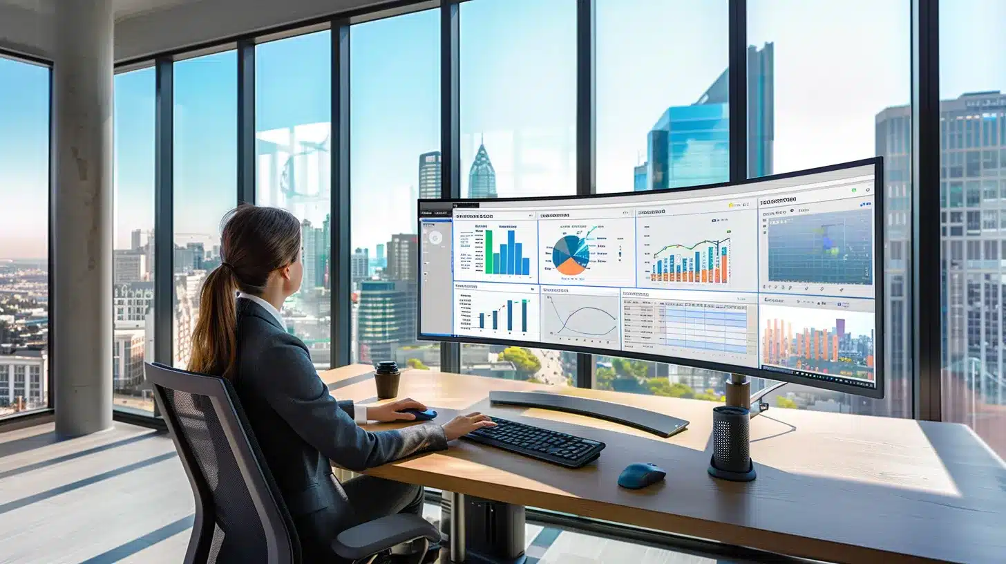 a sleek, modern office environment showcases a digital marketing expert intently analyzing a vibrant, data-driven dashboard on a high-resolution monitor, symbolizing the strategic approach to professional speed optimization services.