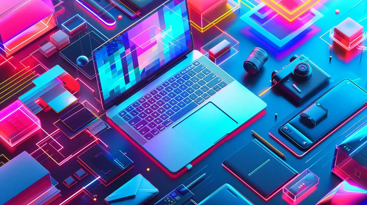 a vibrant digital workspace showcases a sleek laptop surrounded by colorful plugins and tools, symbolizing the creation of a customized wordpress web care plan for optimal website performance and accessibility.