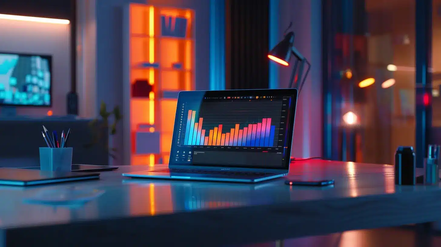 a visually engaging scene depicts a sleek laptop on a minimalist desk, with colorful graphs and charts projected on the screen, symbolizing the strategic analysis of budgeting for a wordpress web care plan in a bright, modern workspace.