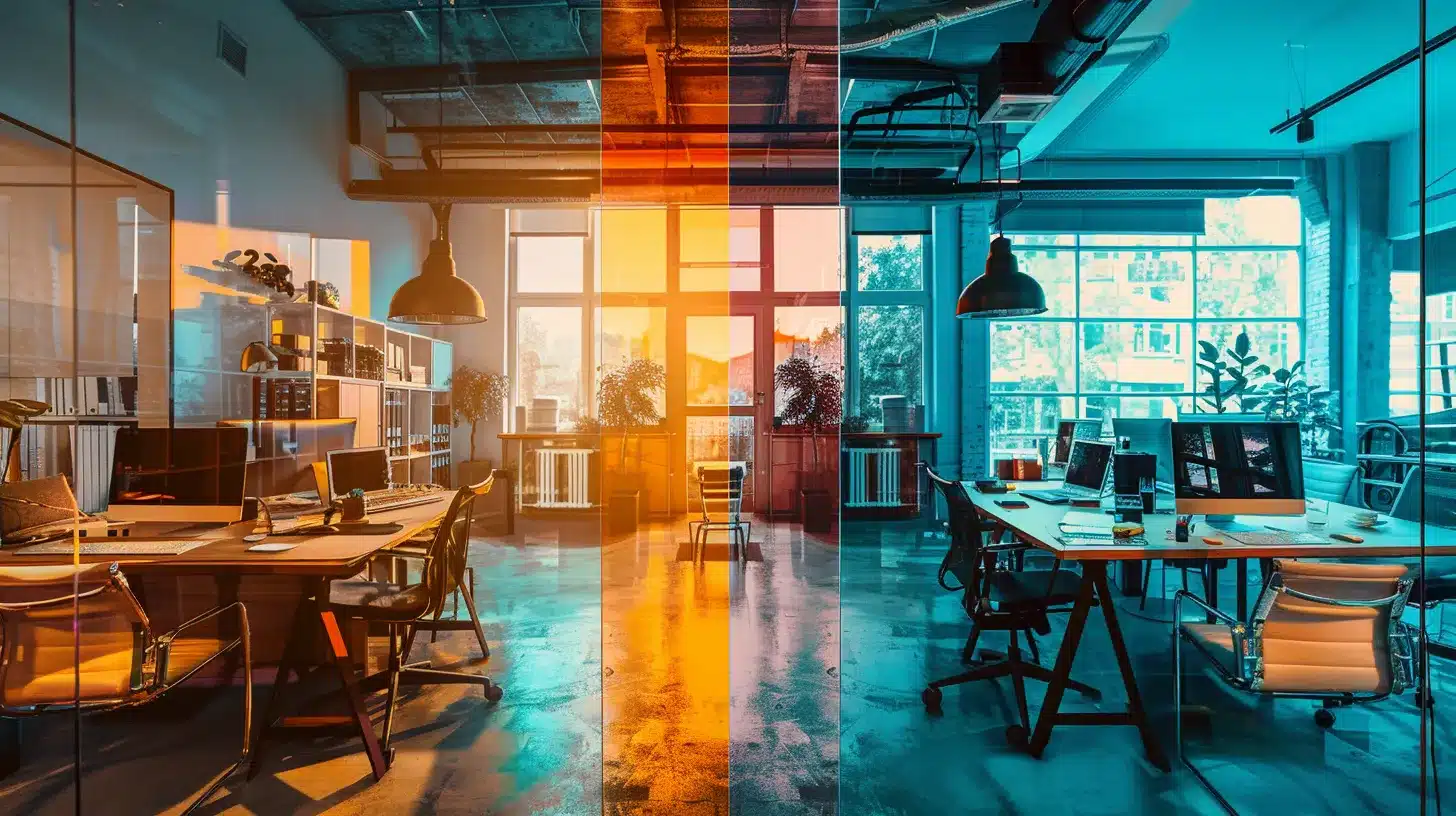 a visually engaging split-image scene contrasting a vibrant, bustling office workspace filled with collaboration and modern technology on one side, and a serene, clutter-free diy home office environment on the other, showcasing the divergent experiences of speed optimization approaches in web performance.