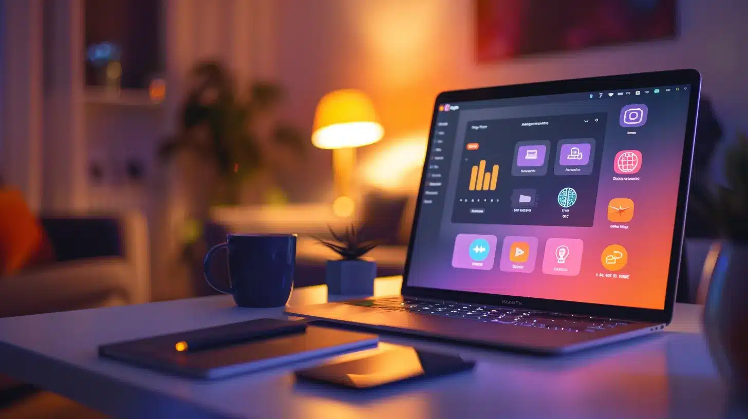 a vividly illuminated workspace features a sleek laptop displaying a wordpress dashboard, surrounded by security icons and communication tools, symbolizing effective website management and protection against digital threats.